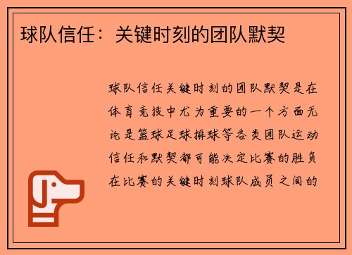 球队信任：关键时刻的团队默契
